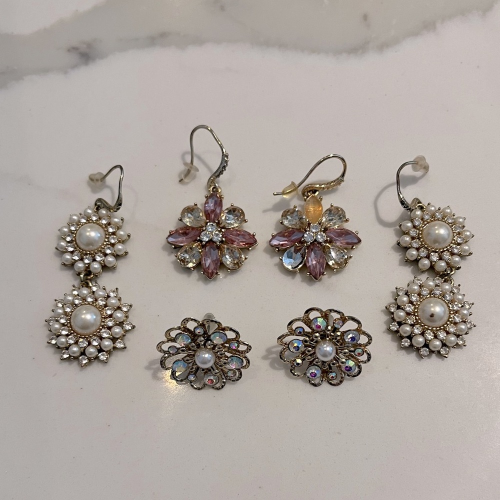 Bundle of 3 | Flower Pattern Pearl and Crystal Earrings | Jeweled, Pearl, Gold